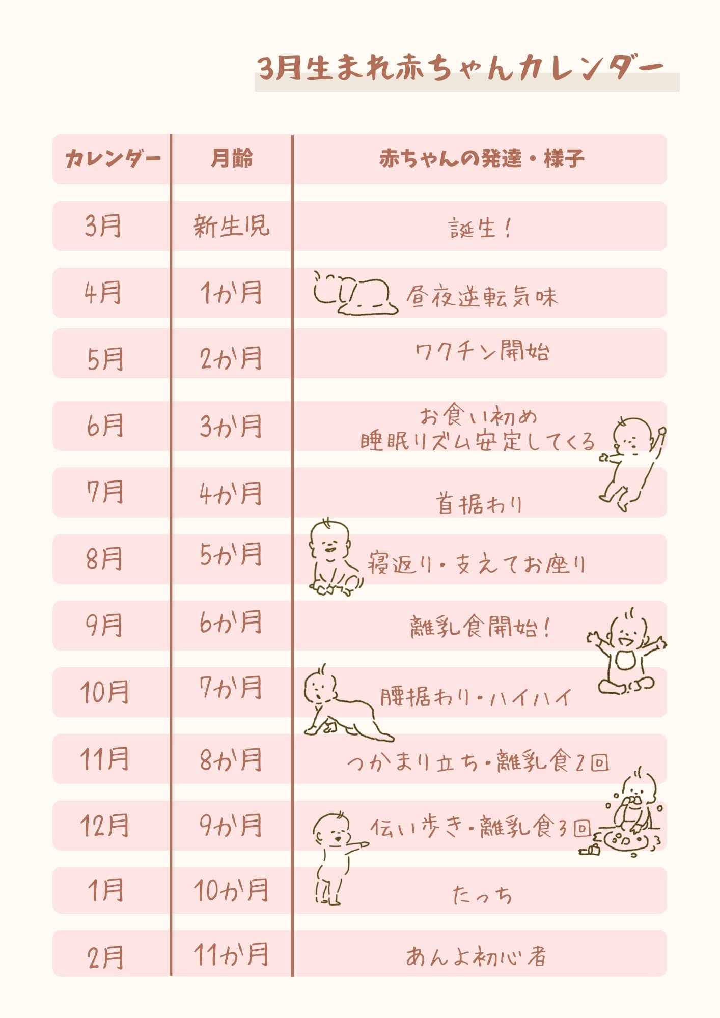 赤ちゃんの発達例(カレンダーと重ねて)